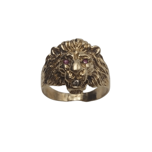 Men’s 9ct Yellow Gold Lion Face Ring 7.1g with Ruby Eyes and Diamond in Mouth