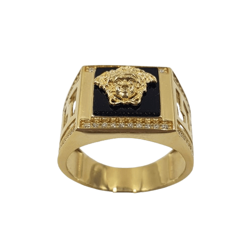 Mens 18ct Yellow Gold 65 Stone Onyx & Cubic Zirconia Medusa Head Ring X 1/2 With Valuation