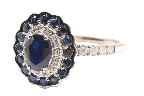 RINGLadies 9ct White Gold 41 Stone Sapphire and Diamond Dress Ring, Oval Sapphire & Round Brilliant Cut Diamonds, 0.32ct TDW, Size P 1/2 – With Valuation