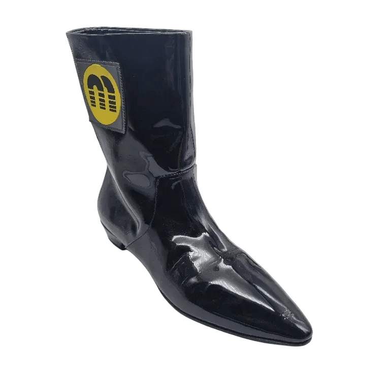 MIU MIU Black Patent Leather Yellow Logo Appliqué Boots Made In Italy (Size: 41) + Dust Bag