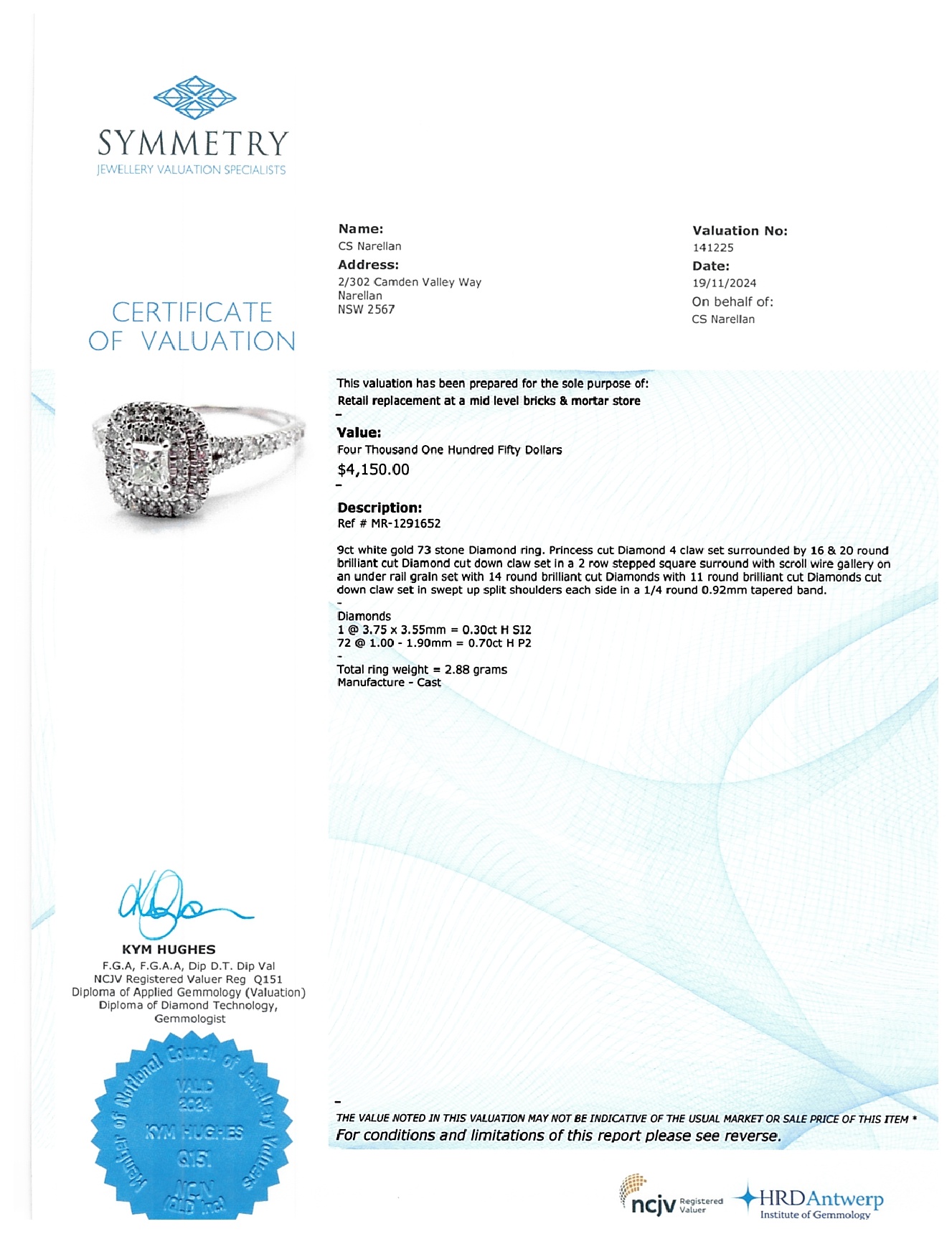 Ladies 9ct White Gold 73 Stone Princess Cut Diamond Ring TDW 1.00ct Size M 1/2 With Valuaton Certificate
