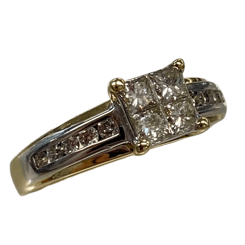 Ladies 9ct Yellow & White Gold Diamond Cluster Ring. 4 Princess Cut Square White Gold Invisible Set Diamonds, With 10 Round Brilliant Cut White Gold Channel Set Diamonds. TDW 1ct. Size O . With Valuation Certificate.