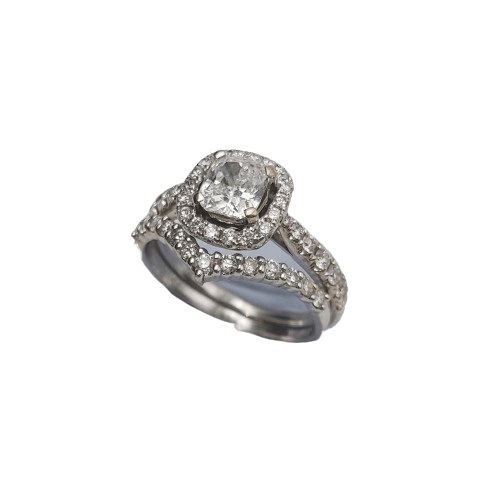 18ct White Gold 2-Ring Diamond Set – 0.90ct D/VS2 Cushion Cut Centre, 46 Stones – Size 51 – Valued at AUD $19,650