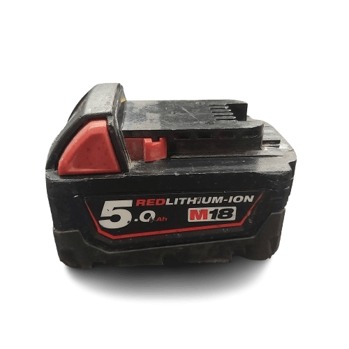 Milwaukee M18 B5 18V 5.0Ah Battery, Heavy Wear & Tear, Blue Paint Spatter