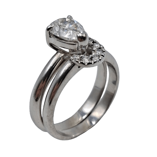 18ct White Gold 2-Ring Diamond Set – 1.01ct H/SI2 Pear Shape Diamond, 8 Stones Total – Size K – Valued at AUD $16,100
