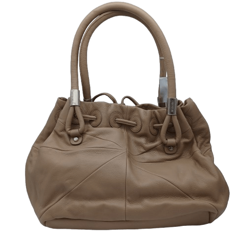 Oroton Faux Leather Handbag – Tan, Draw String Closure