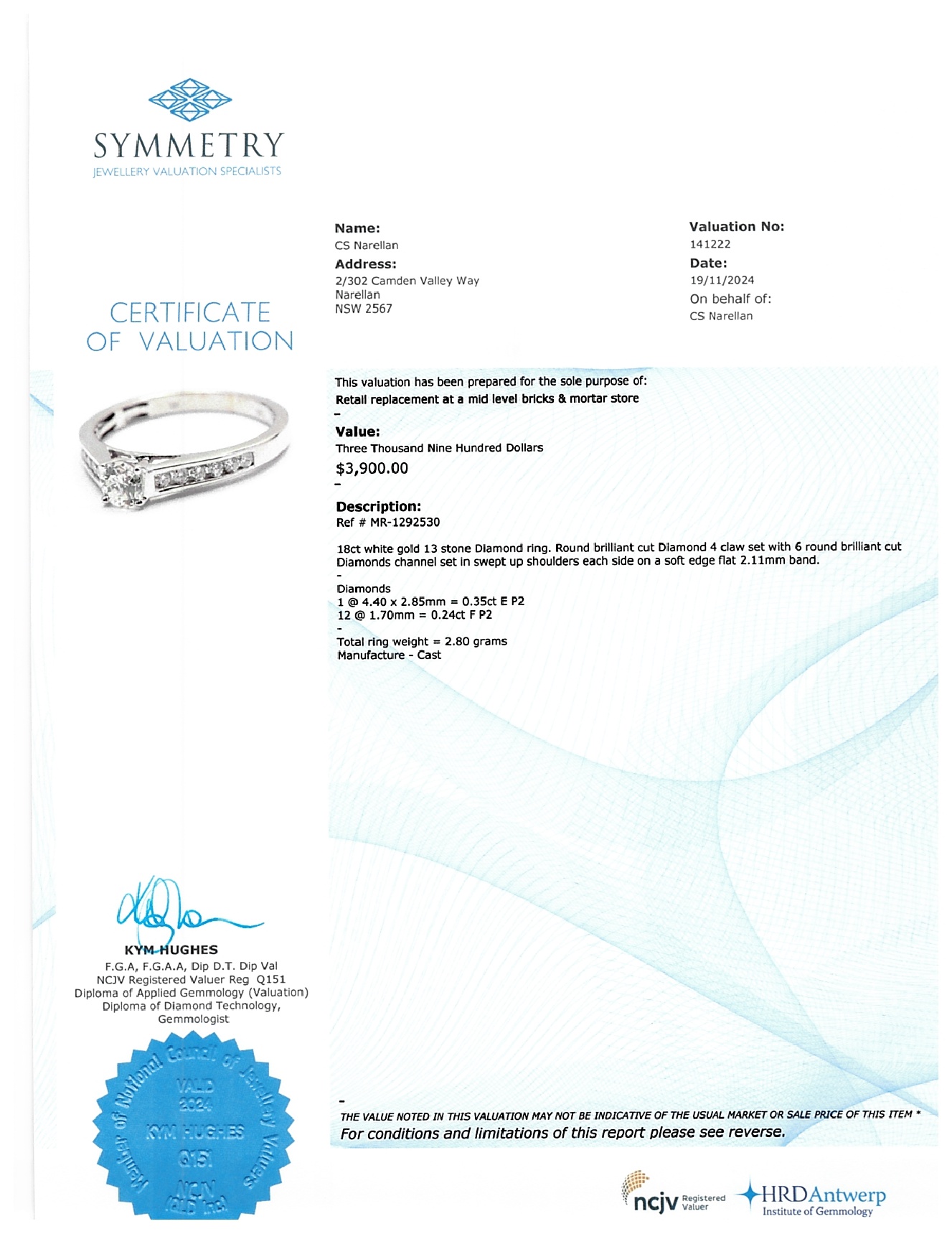 Ladies 18ct White Gold 13 Stone Round Brilliant Cut Diamond Ring TDW 0.59ct Size O With Valuation Certificate