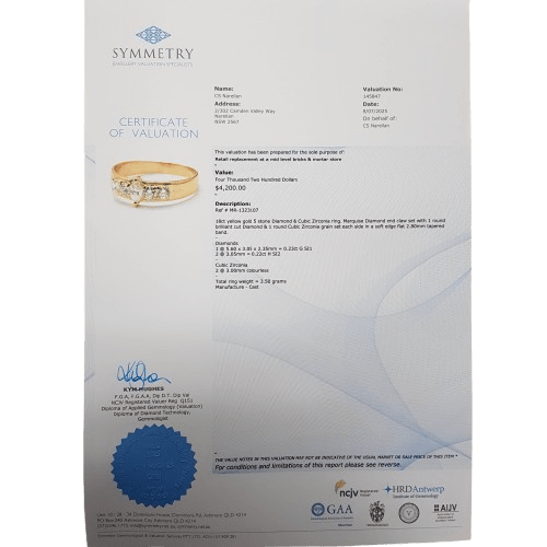 Ladies 18ct Yellow Gold Marquise Diamond & Cubic Zirconia Claw Set Ring 0.45ct TDW J 1/2 Ring With Valuation