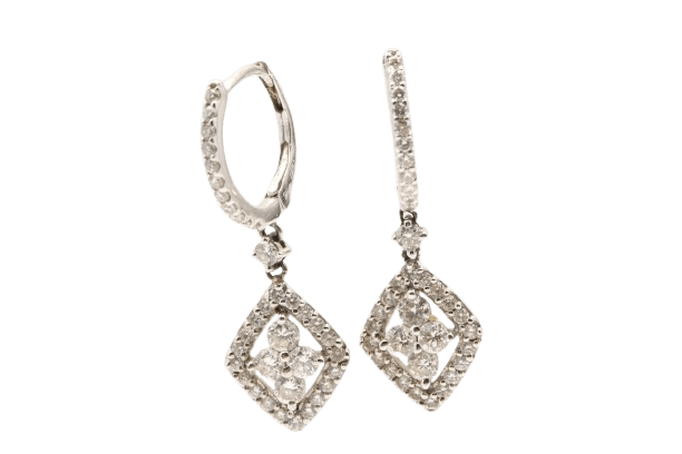 Ladies 18ct White Gold Clae Set Diamond Drop Hoop Earrings 1.03ct TDW With Valuation (MR)