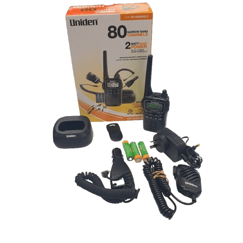 Uniden Handheld 2W UHF UH720SX-NB, Black, Very Good Condition, With Box, Batteries, Chargers, Belt Clip, Speaker Mic, Manual (MR 1349653)