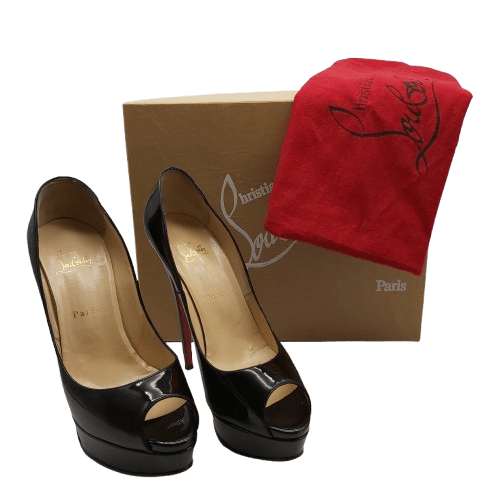 Ladies Christian Louboutin Lady Peep 150 Patent Heels Red Bottoms With Box And Dust Bag – Size 40