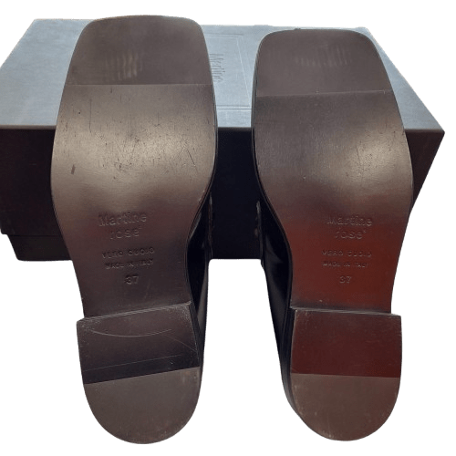 Martine Rose Square Toe Mule, Size 37, Black High Shine Leather, Silver Chain Accent, Excellent Condition With Box And Dustbag