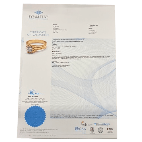 Ladies 18ct Yellow & White Gold, Round Brilliant Cut Claw Set 0.16ct Diamond. TDW 0.16, Size L.  With Valuation Certificate.