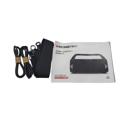 Monster Street Rechargeable Boombox MT-BBS04, Black, Like New, With Box, Manual, Strap, USB Cable + AUX Cable (CP 1355078)