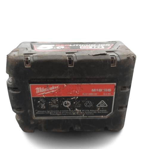 Milwaukee M18 B5 18V 5.0Ah Battery, Heavy Wear & Tear, Blue Paint Spatter