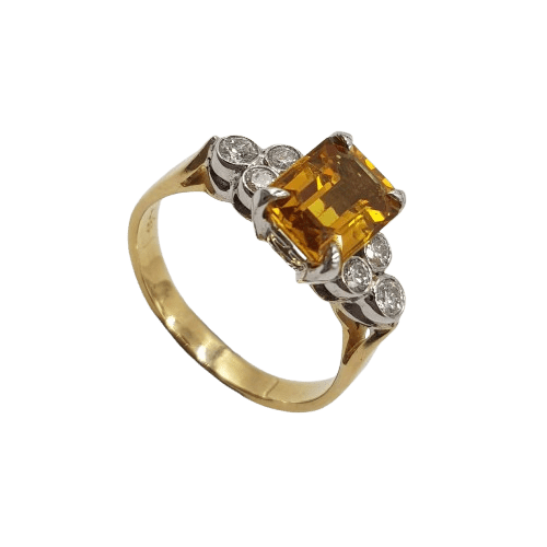 Ladies 18ct Yellow & White Gold Emerald Cut 2.50ct Synthetic Sapphire & Diamond Dress Ring 0.32ct TDW O 1/2 With Valuation
