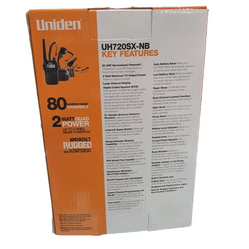 Uniden Handheld 2W UHF UH720SX-NB, Black, Very Good Condition, With Box, Batteries, Chargers, Belt Clip, Speaker Mic, Manual (MR 1349653)
