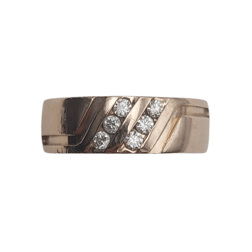 10ct Rose Gold Thick Band Ring – 5.9g – Size T½ – 8mm Wide – Set with 6 x 0.03ct Diamonds