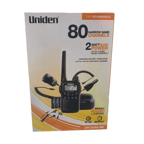 Uniden Handheld 2W UHF UH720SX-NB, Black, Very Good Condition, With Box, Batteries, Chargers, Belt Clip, Speaker Mic, Manual (MR 1349653)