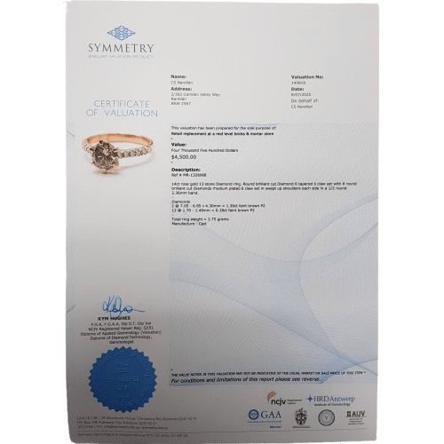Ladies 14ct Rose Gold Brilliant Cut Diamond Ring 1.48ct TDW L With Valuation