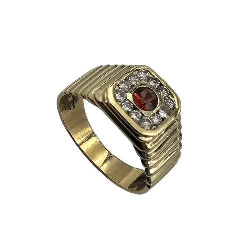 Mens 9ct Yellow Gold Garnet & Diamond Stepped Shoulders Ring 0.30ct TDW U With Valuation (MR)