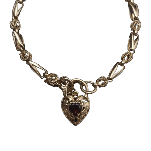 9ct Yellow Gold Fancy Belcher Bracelet – Filigree Heart Lock with Red Stone – 20cm Length – 6mm Wide – Safety Chain