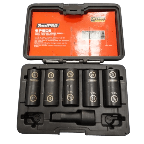 ToolPRO 6 Piece Multi Purpose Double Ended Wheel Nut Socket Set, Good Condition, Black, WIth Hard Case.