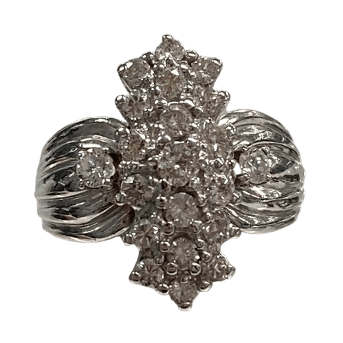 Ladies 9ct White Gold Diamond Cluster with 21 Round Brilliant Cut Diamonds in Shared Claw Settings. TDW 1.07ct. Size P. With Valuation Certificate.
