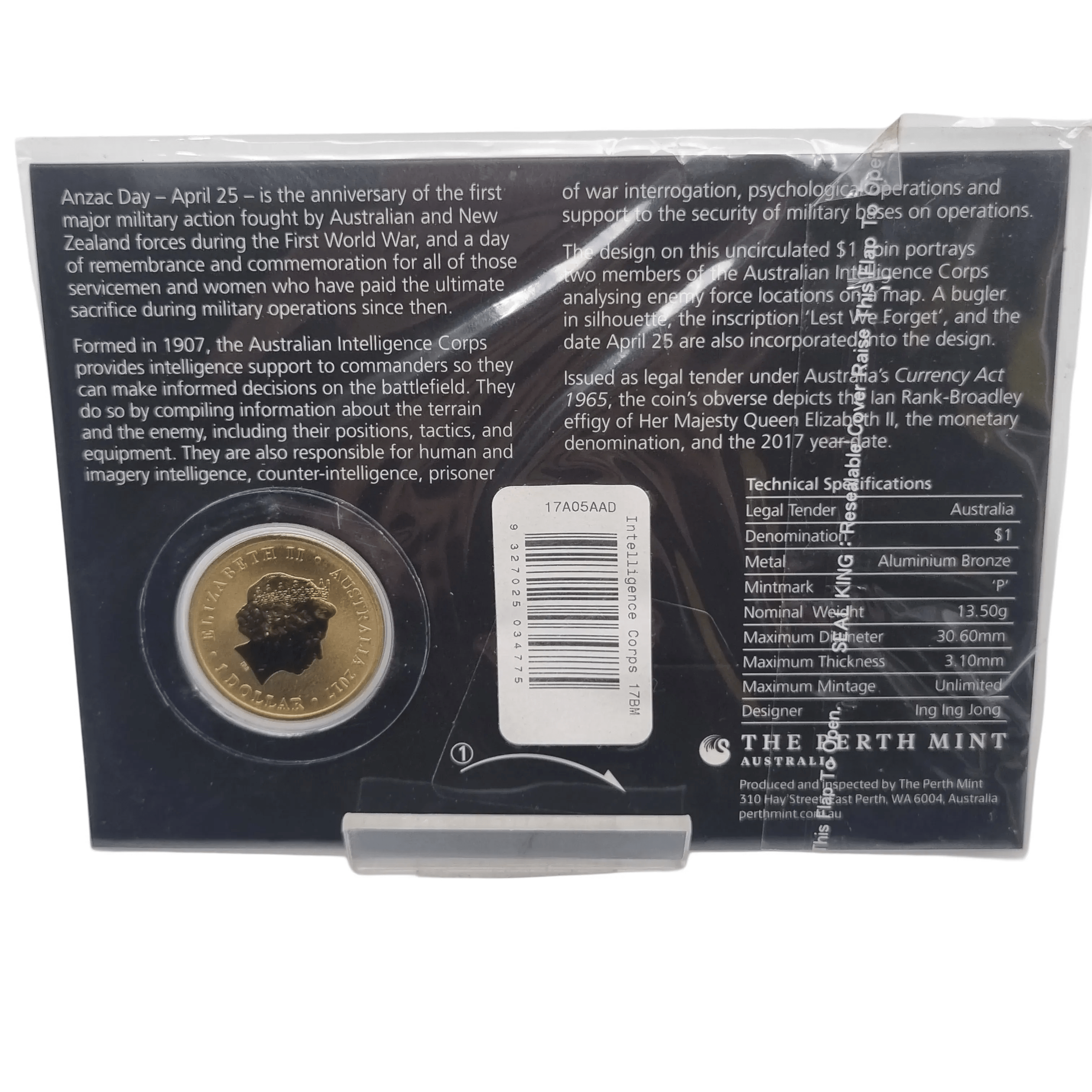 2017 ANZAC Day – Australian Intelligence Corps $1 Coin In Card