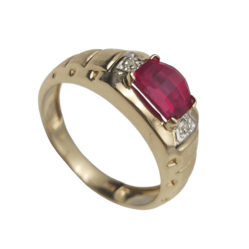 Men’s 10ct Yellow Gold 3 Stone Checkerboard-Cut Cushion Shape Synthetic Ruby and Diamond Ring, 0.01ct TDW, Size V – With Valuation