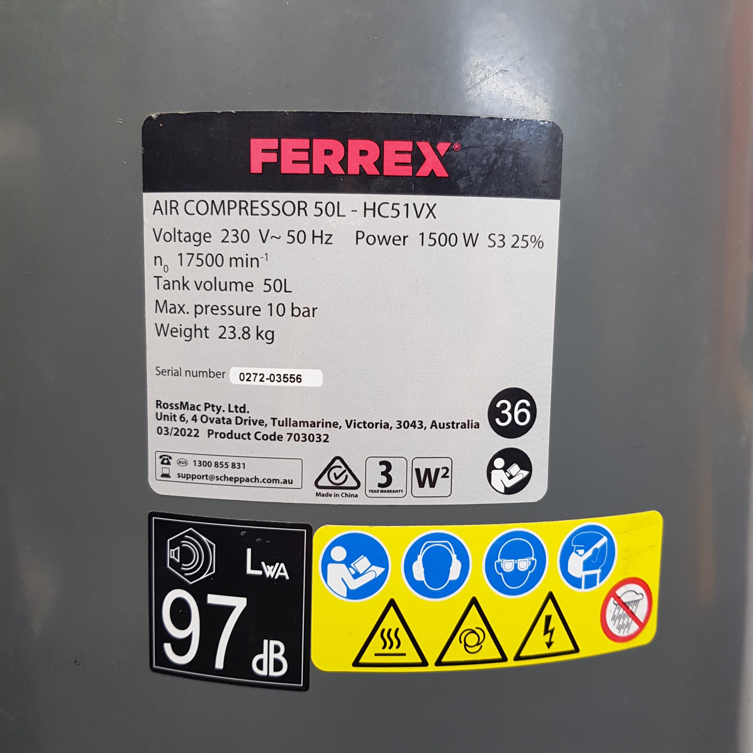 Ferrex Vertical Air X COmpressor 2HP, 50L **Pick Up Only**