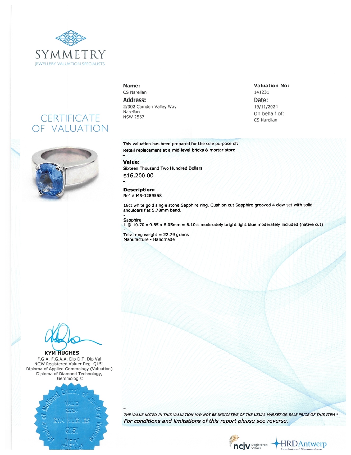 Ladies 18ct White Gold SIngle Stone Native Cut Sapphire Ring 6.10ct Sapphire Size O With Valuation Certificate