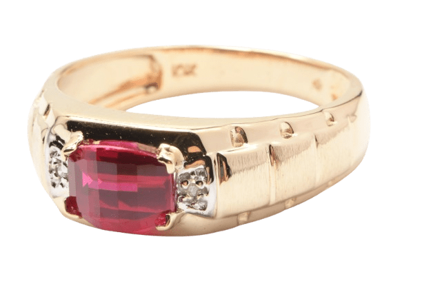 Men’s 10ct Yellow Gold 3 Stone Checkerboard-Cut Cushion Shape Synthetic Ruby and Diamond Ring, 0.01ct TDW, Size V – With Valuation