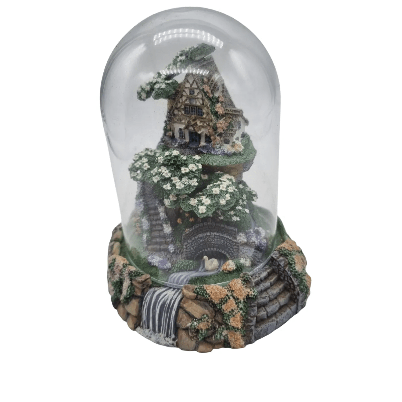 Franklin Mint: Cobblestone Bridge Cottage With Glass Dome – Hand Painted Limited Edition Statue *Sculpture Number Worn Off*