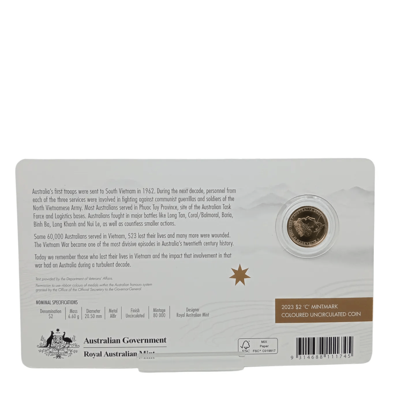 Royal Australian Mint 2023 $2 ‘C’ Mintmark Coloured Uncirculated Coin – 50th Anniversary Vietnam War (WR 1355902)
