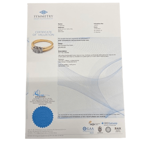 Ladies 18ct Yellow & White Gold 3 Stone Diamond Ring. 3 Princess Cut Diamonds White Gold Corner Cap Set With V Style Gallery Solid Swept Up Shoulders On Yellow Gold Tapered Band. TDW 0.51ct. Size N/7, With Valuation Certificate (NG 1305744)
