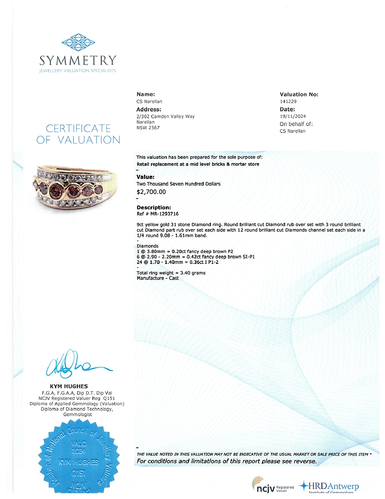 Ladies 9ct Yellow Gold 31 Stone Round Brilliant Cut Diamond Ring TDW 0.98ct Size L 1/2 With Valuation Certificate