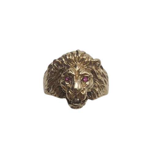 Men’s 9ct Yellow Gold Lion Face Ring 7.1g with Ruby Eyes and Diamond in Mouth