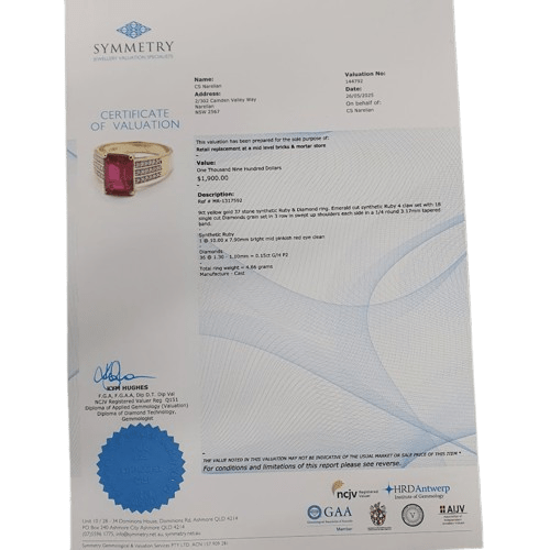 Ladies 9ct Yellow Gold 37 Stone Synthetic Ruby And Diamond Tapered Band Size R,59 With Valuation