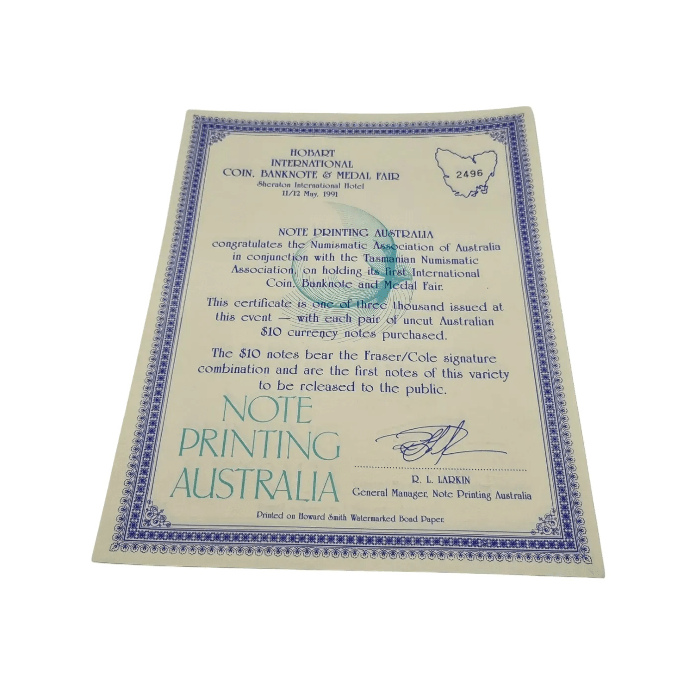 Australian Bank Notes – Uncut Blue $10 notes x 2 (Fraser/Cole, 1991 issue) + Certificate (WR 1346910)