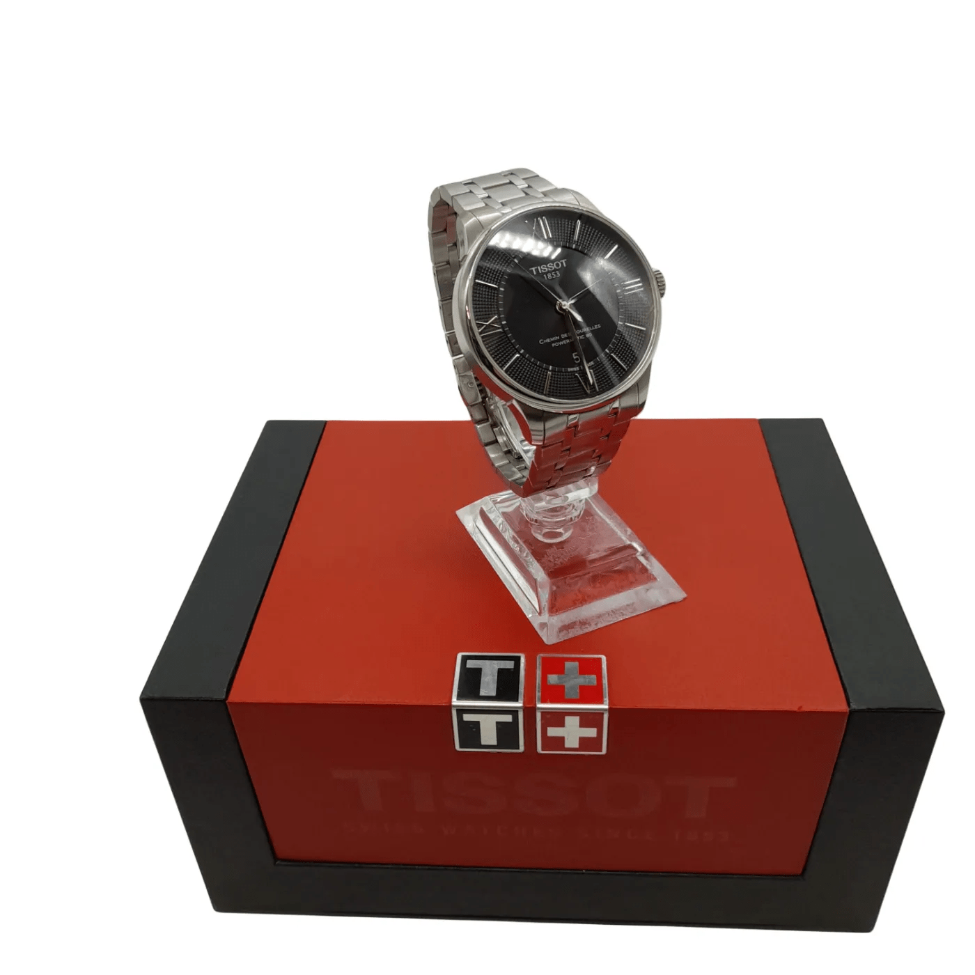 Mens Black Tissot Chemin Des Tourelles Watch Silver Stainless Steel Band with Box  (WL 1353156)