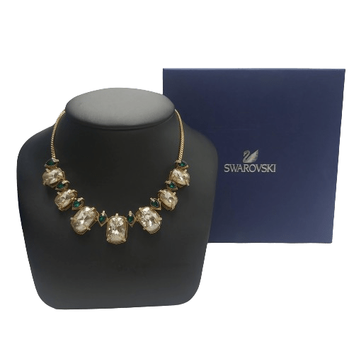Swarovski Haven Necklace – Clear & Green Alternating Pear and Rectangle Crystal – Gold-Toned – 38 cm (14 7/8 in)