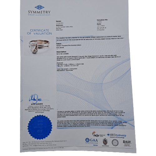 18ct White Gold 2-Ring Diamond Set – 1.01ct H/SI2 Pear Shape Diamond, 8 Stones Total – Size K – Valued at AUD $16,100