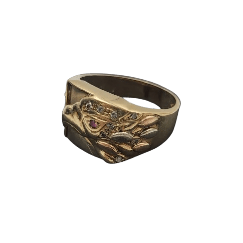 Men’s 10ct Yellow Gold Round Ring 12.3g with Clear and Ruby Stones, Eagle Design