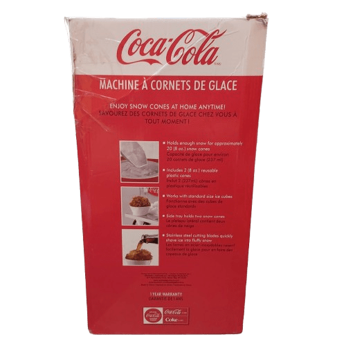 Nostalgia Coca-Cola Snow Cone Maker, Red + White, USA PLUG 110V With 2x Snowcone Holders, Scoop, Side Tray, Box