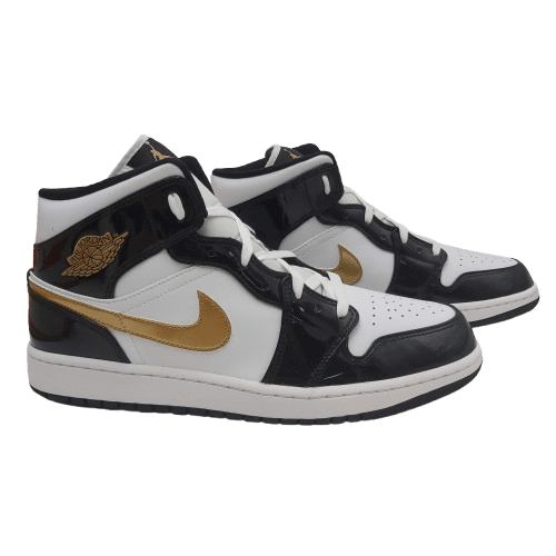Nike Air Jordan 1 Mid Patent SE – Size 12 Black White Gold (Alternate Nike Box) 2019 – ‘Black Gold’