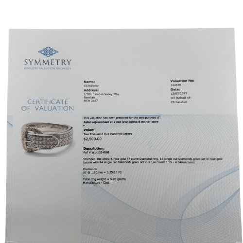 Ladies 10ct White & Rose Gold 57 Stone Diamond Belt Buckle Ring J 5 with Valuation – WL 1324698