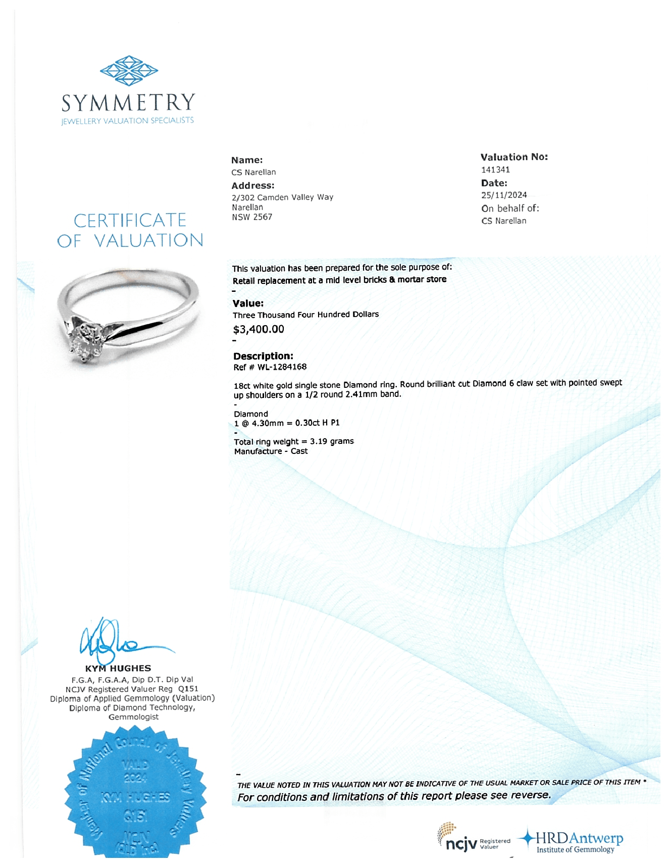 Ladies 18ct White Gold Solitaire Diamond Ring 0.30ct  TDW Size K