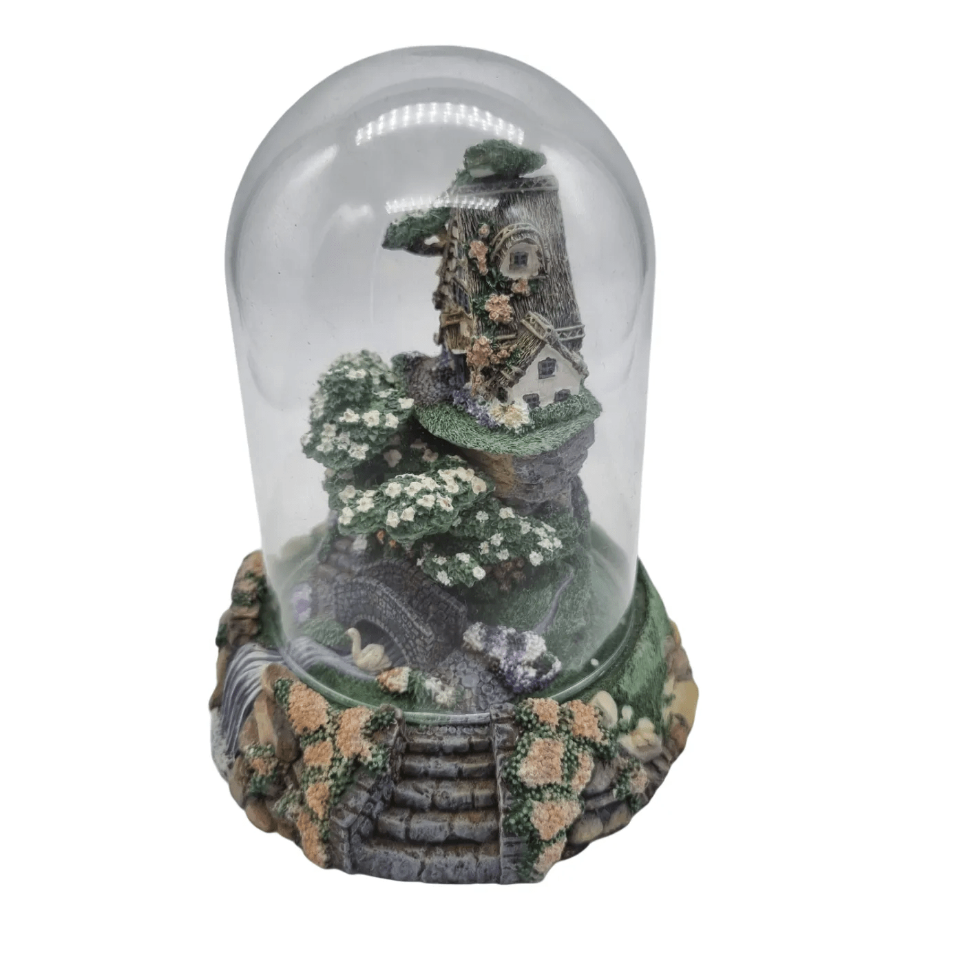 Franklin Mint: Cobblestone Bridge Cottage With Glass Dome – Hand Painted Limited Edition Statue *Sculpture Number Worn Off*