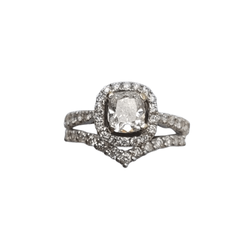 18ct White Gold 2-Ring Diamond Set – 0.90ct D/VS2 Cushion Cut Centre, 46 Stones – Size 51 – Valued at AUD $19,650